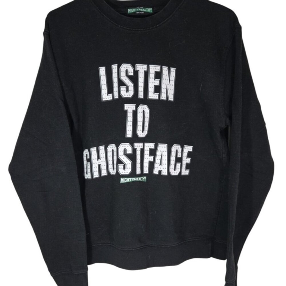 Rare Mighty Healthy Listen to Ghostface spellout Black Crewneck Mens sz L Skater
